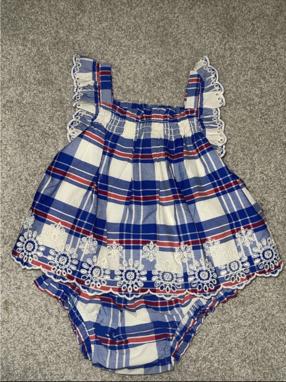 Blue Plaid Eyelet Trim Baby Girl Romper